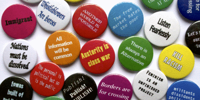 Slogan-badge-billboard, (and slogan writing and badge making) Freee Art Collective 2017