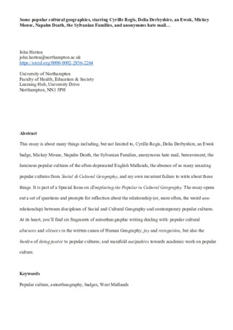 [thumbnail of Horton_John_etal_Routledge_2023_Some_popular_cultural_geographies,_starring_Cyrille_Regis,_Delia_Derbyshire,_an_Ewok,_Mickey_Mouse]