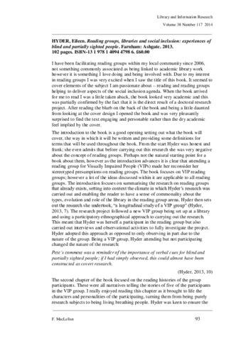 [thumbnail of Maclellan_2014_Book_review_Reading_Groups_Libraries_and_Social_Inclusion_Experiences_of_Blind_and_Partially_Sighted_People_by_Eileen_Hyder]