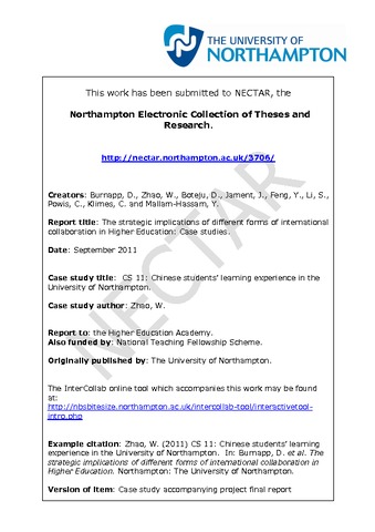 [thumbnail of Case study 11: Chinese students’ learning experience in the University of Northampton]