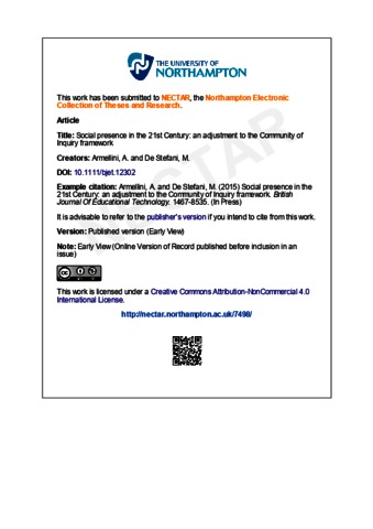 [thumbnail of Armellini_Alejandro_De_Stefani_Magdalena_WOL_2015_Social_presence_in_the_21st_Century_an_adjustment_to_the_Community_of_Inquiry_framework]
